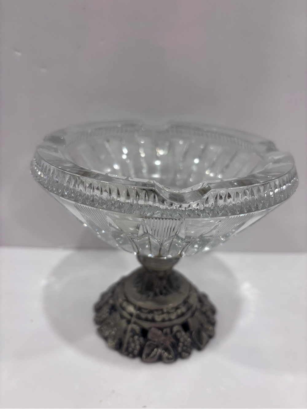 Vintage Crystal Pedestal Ashtray with Ornate Silver Tone Grape Metal Base 7” MCM